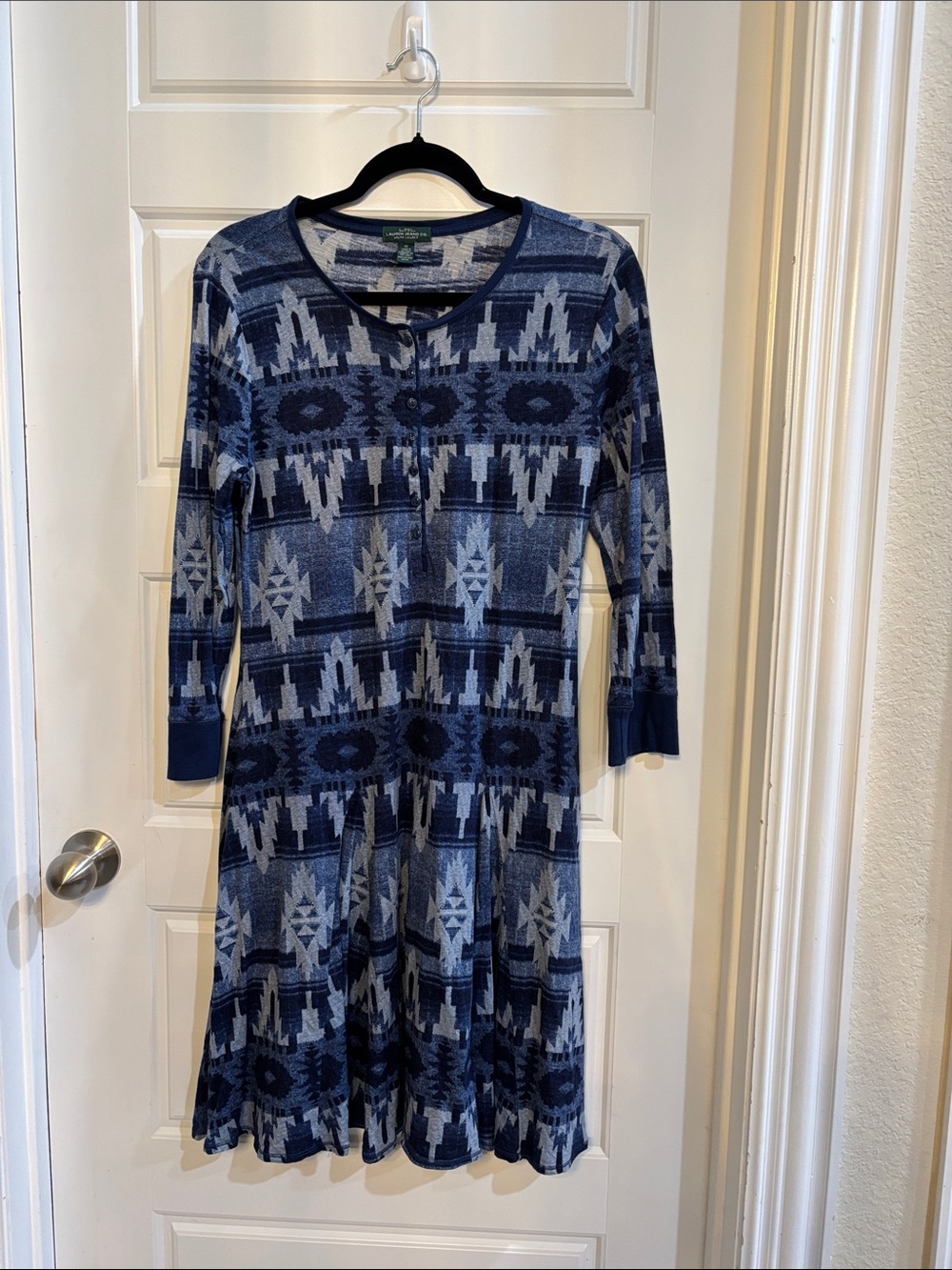 Ralph Lauren Blue MIDI Aztec Southwestern print Henley Long Sleeve Knit dress M